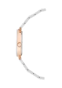 Quartz Round White Ceramic Link with Rose Gold Tone Metal Alloy Watch