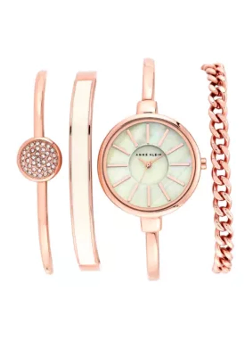 Rose Gold Watch and 3 Stackable Bracelets Set