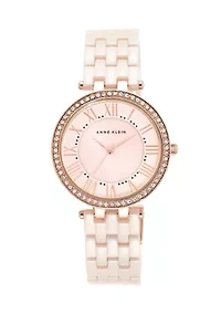 Quartz Round Pink Ceramic Link with Rose Gold-Tone Metal Alloy Watch