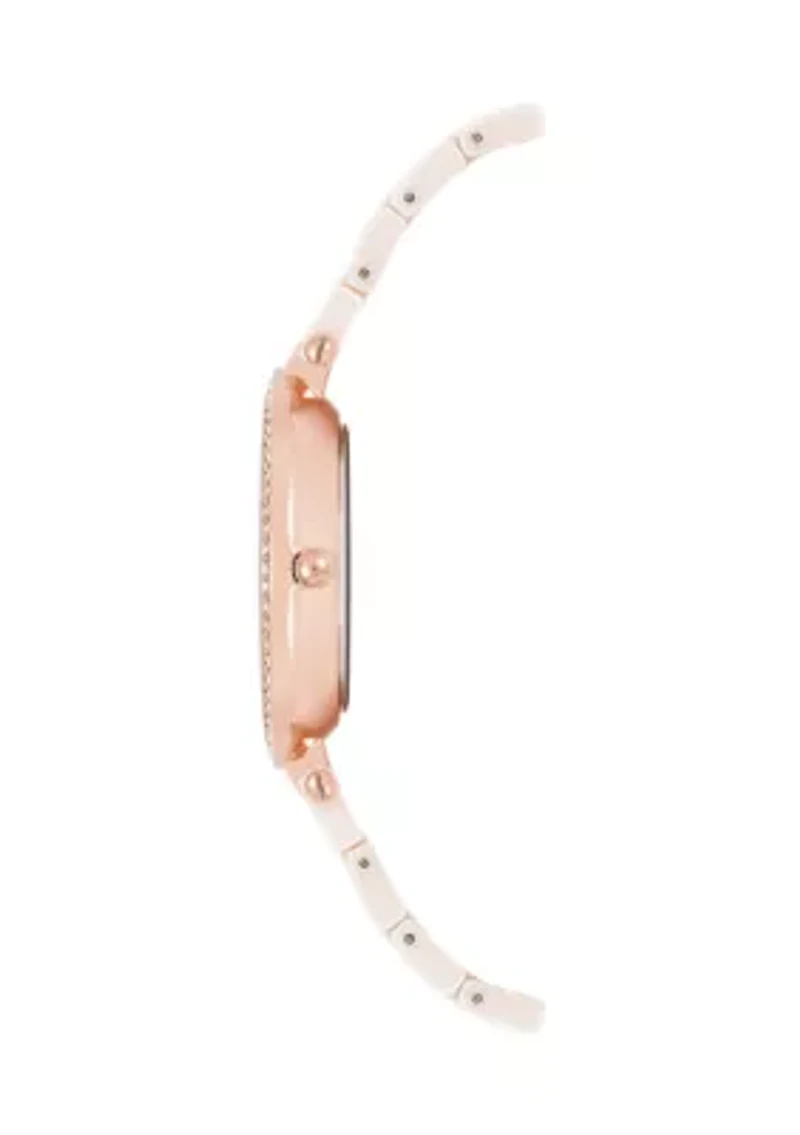 Quartz Round Pink Ceramic Link with Rose Gold-Tone Metal Alloy Watch