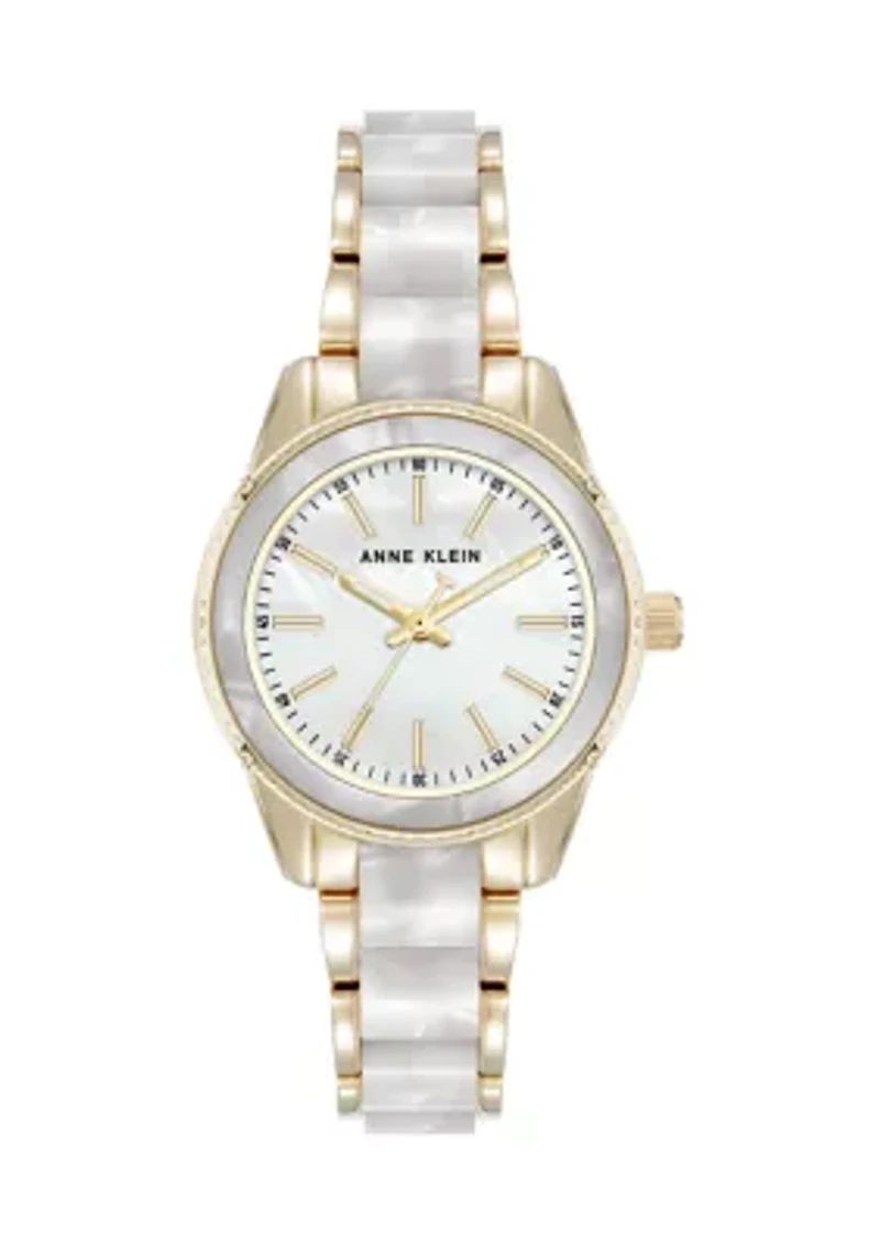 Quartz Ivory Pearlescent Acetate and Gold-Tone Metal Alloy Link Bracelet Watch