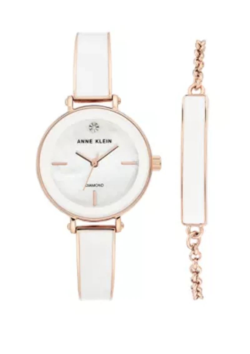 Rose Gold Metal White Enamel Diamond Bracelet Watch