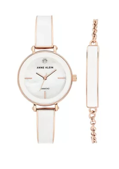 Rose Gold Metal White Enamel Diamond Bracelet Watch