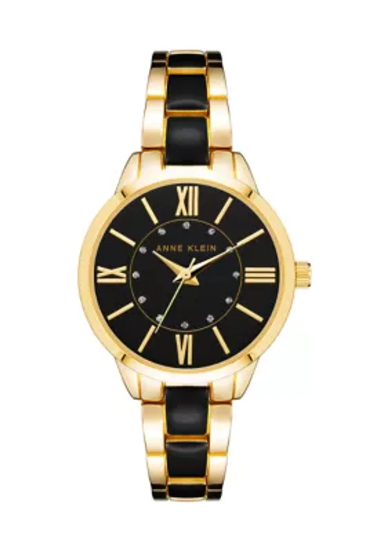 Gold Tone Metal with Black Enamel Bracelet Watch