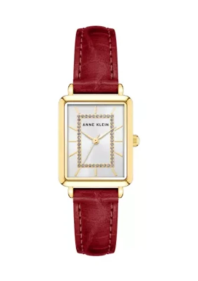 Rectangular Gold Tone Metal with Red Genuine Leather Strap Watch