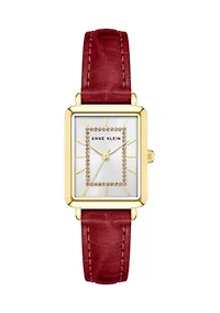 Rectangular Gold Tone Metal with Red Genuine Leather Strap Watch