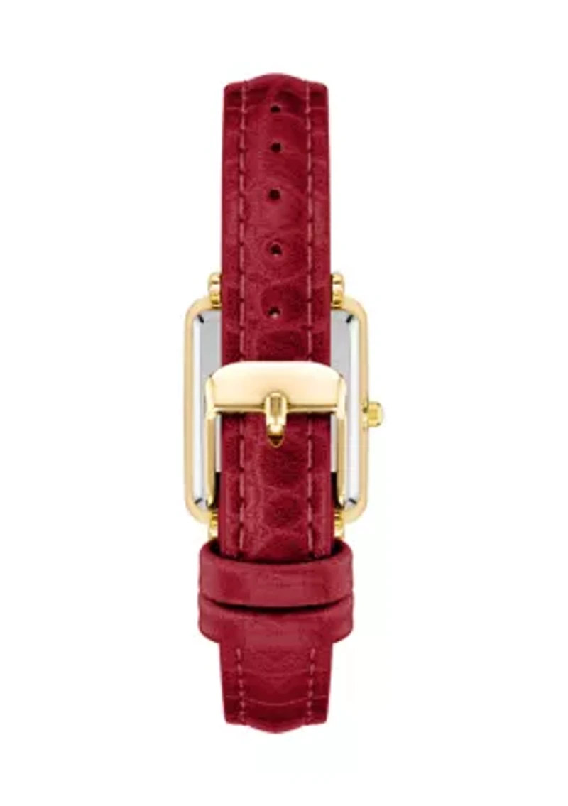 Rectangular Gold Tone Metal with Red Genuine Leather Strap Watch