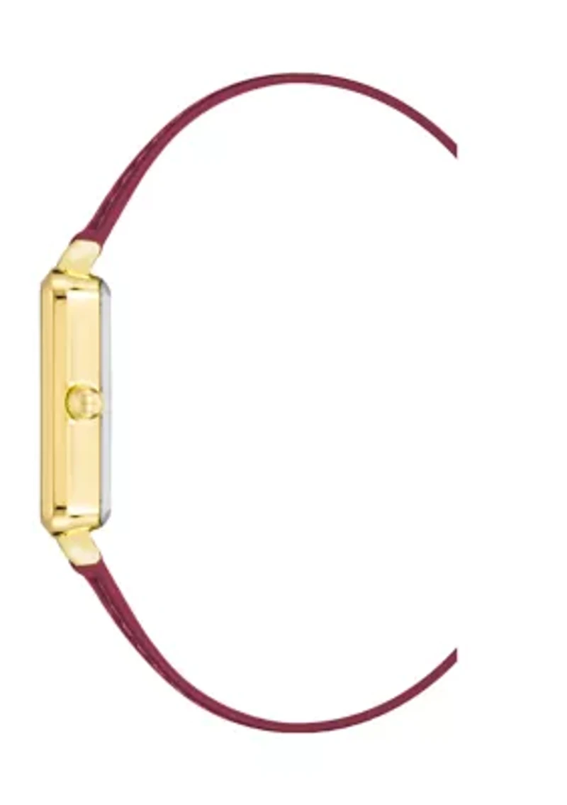 Rectangular Gold Tone Metal with Red Genuine Leather Strap Watch