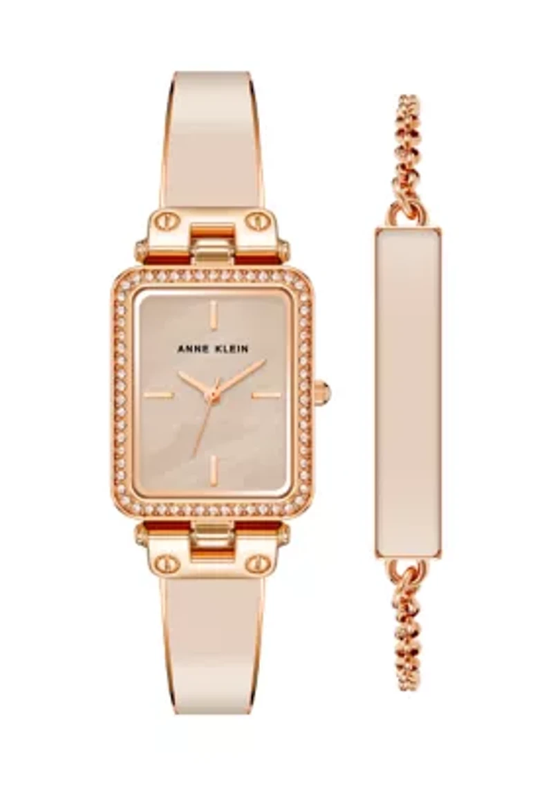 Women's Pink Enamel and Rose Gold Tone Alloy Bangle Watch Set