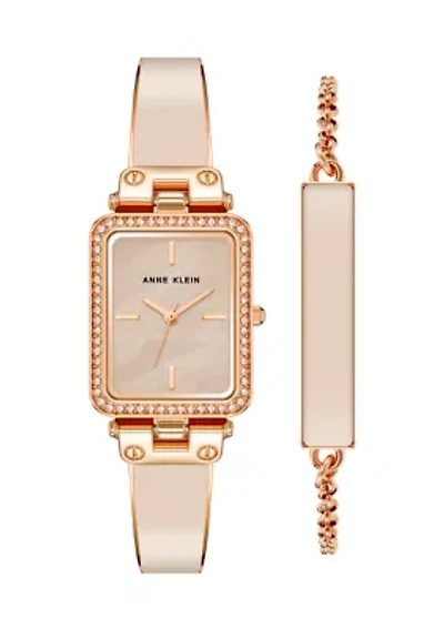 Women's Pink Enamel and Rose Gold Tone Alloy Bangle Watch Set