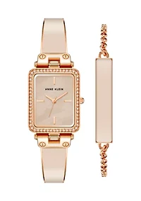 Women's Pink Enamel and Rose Gold Tone Alloy Bangle Watch Set