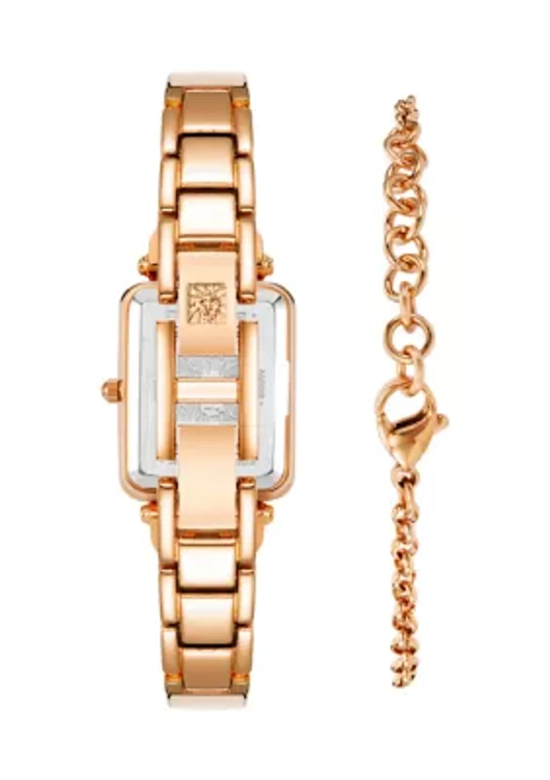 Women's Pink Enamel and Rose Gold Tone Alloy Bangle Watch Set