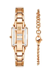 Women's Pink Enamel and Rose Gold Tone Alloy Bangle Watch Set