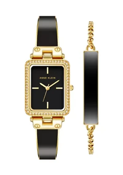 Quartz White Enamel and Gold-Tone Alloy Bangle Watch and Bracelet Set