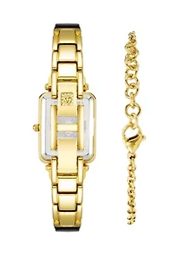 Quartz White Enamel and Gold-Tone Alloy Bangle Watch and Bracelet Set