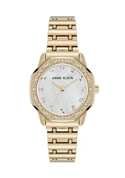 Quartz Crystal Accented Octagonal Alloy Metal Bracelet Watch