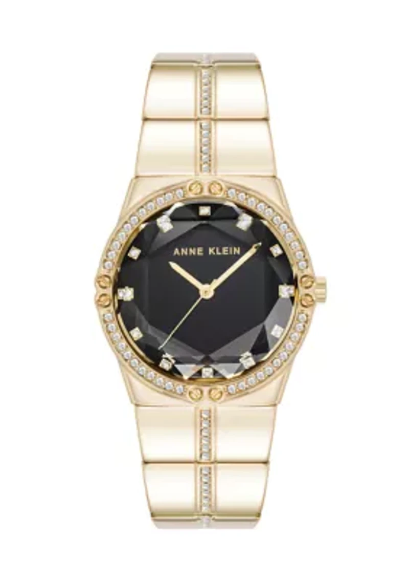 Quartz Faceted Crystal Bezel Gold-Tone Alloy Metal Watch