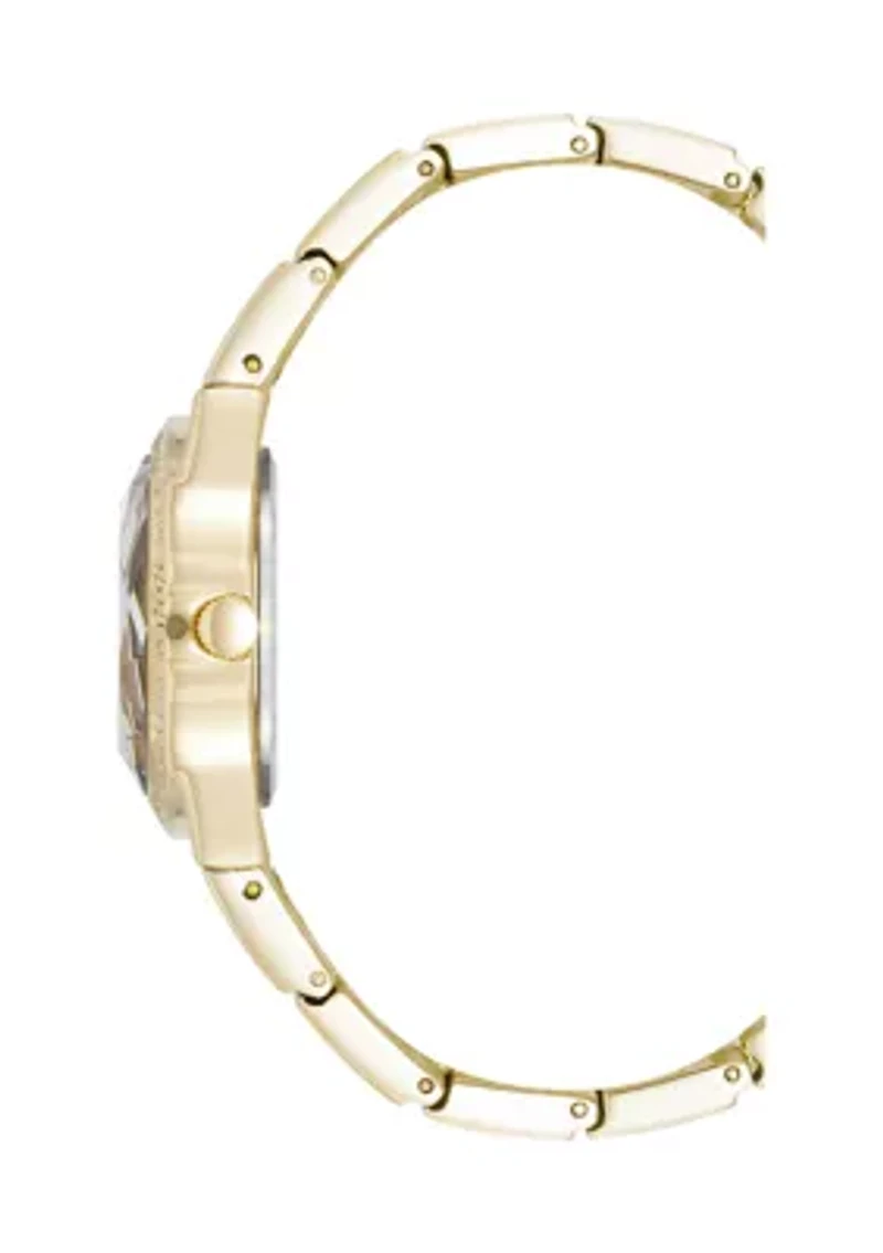 Quartz Faceted Crystal Bezel Gold-Tone Alloy Metal Watch