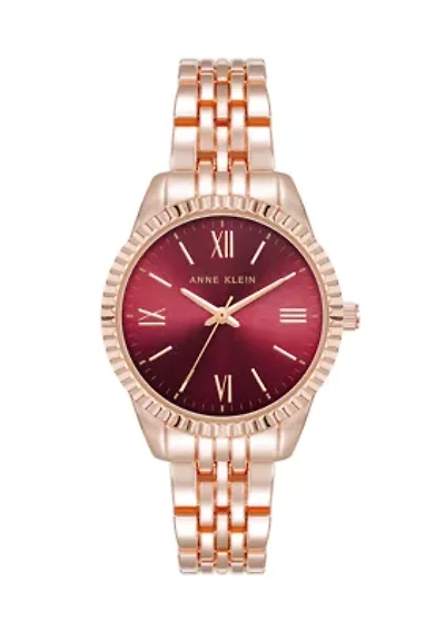 Quartz Round Burgundy Coin Edge Rose Gold Tone Alloy Metal Watch