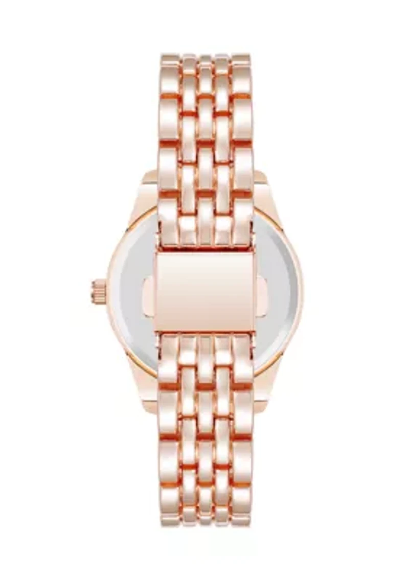 Quartz Round Burgundy Coin Edge Rose Gold Tone Alloy Metal Watch