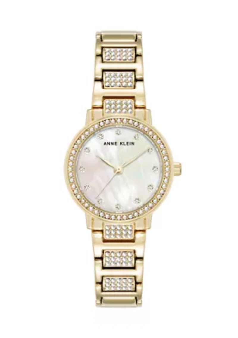 Quartz Crystal Embellished Gold-Tone Alloy Metal Bracelet Watch, 26 Millimeter