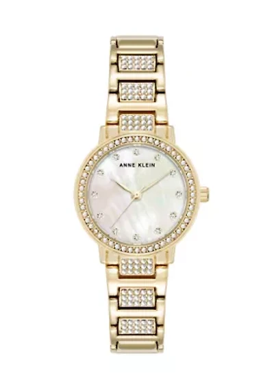 Quartz Crystal Embellished Gold-Tone Alloy Metal Bracelet Watch, 26 Millimeter