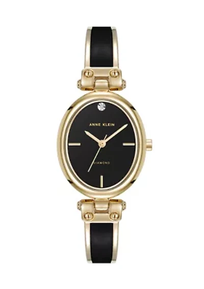 Quartz Black Oval Diamond Accented Gold-Tone Alloy Metal Bangle Watch