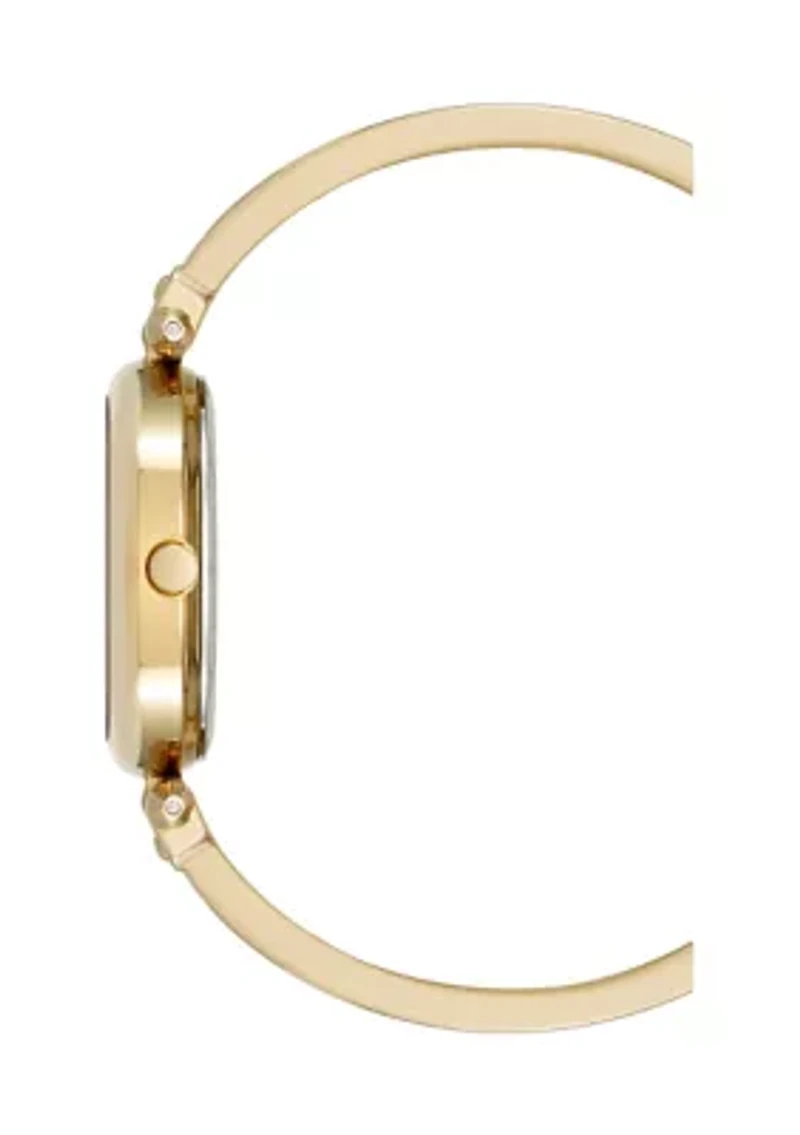 Quartz Black Oval Diamond Accented Gold-Tone Alloy Metal Bangle Watch