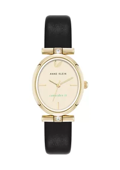 Black Leather Gold Tone Analog Watch