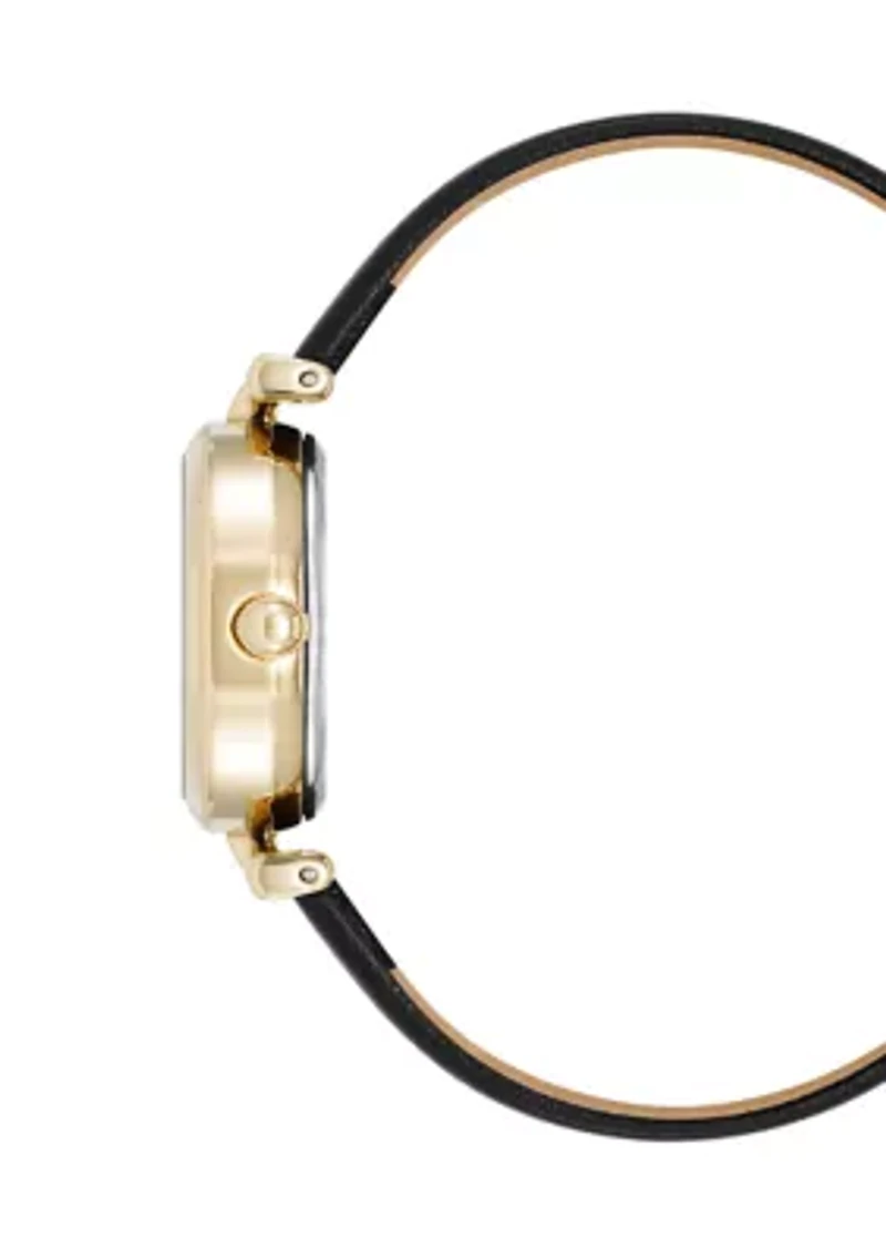 Black Leather Gold Tone Analog Watch