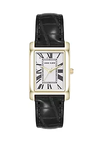 Quartz Rectangular Roman Numeral Black Faux Leather and Gold Tone Alloy Metal Watch