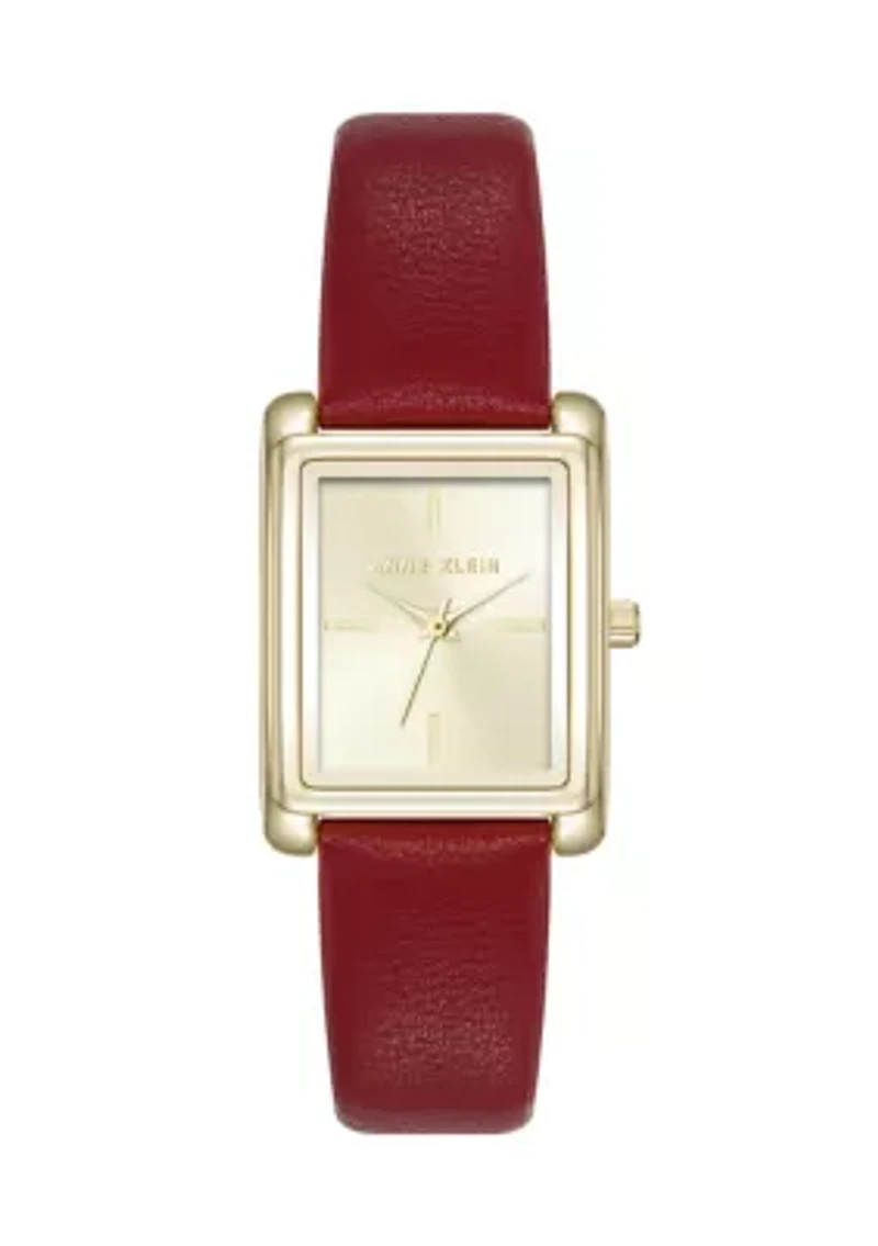 Quartz Rectangular Red Faux Leather and Gold Tone Alloy Metal Watch