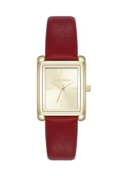 Quartz Rectangular Red Faux Leather and Gold Tone Alloy Metal Watch