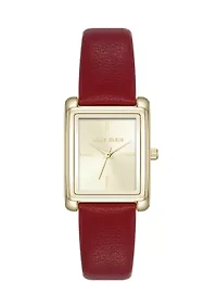 Quartz Rectangular Red Faux Leather and Gold Tone Alloy Metal Watch