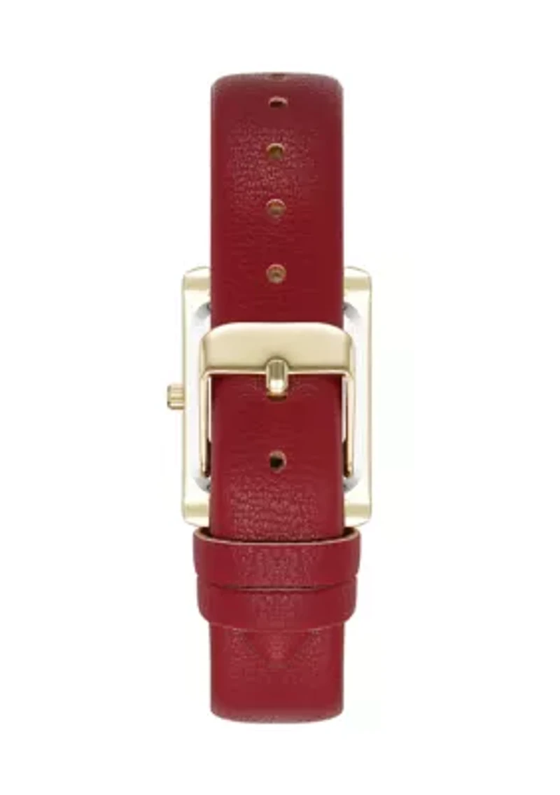 Quartz Rectangular Red Faux Leather and Gold Tone Alloy Metal Watch