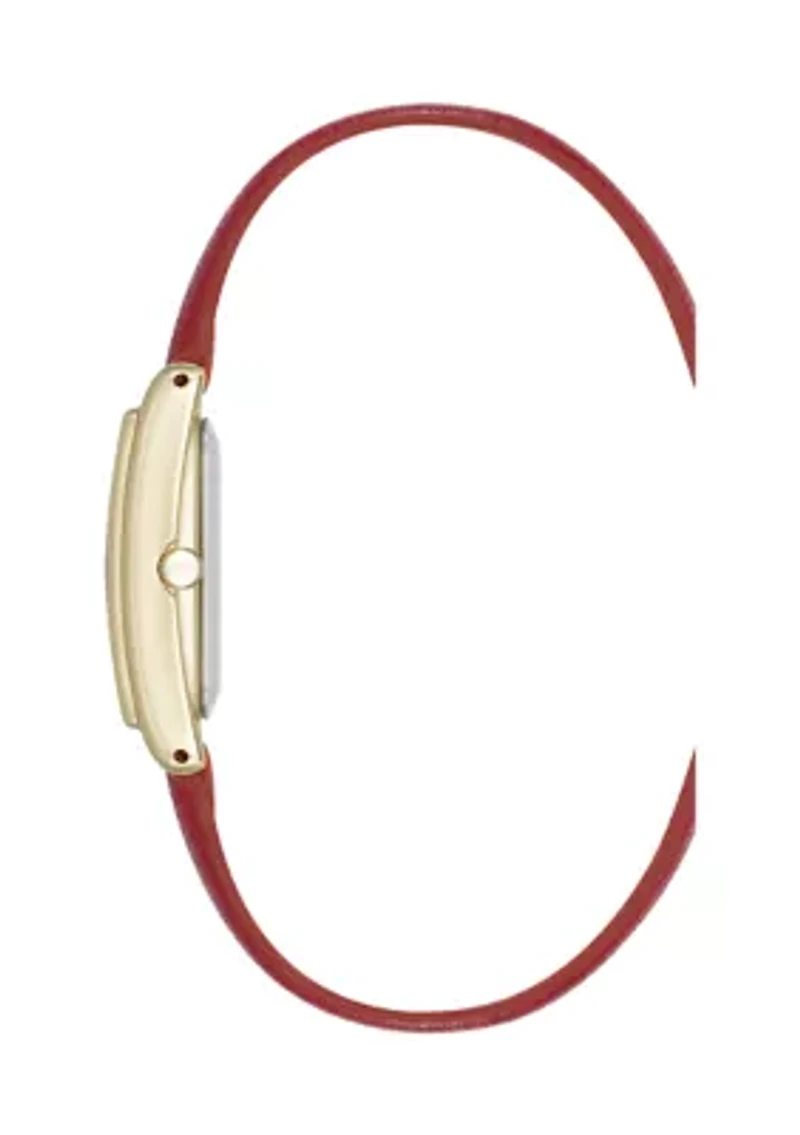 Quartz Rectangular Red Faux Leather and Gold Tone Alloy Metal Watch
