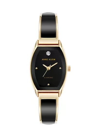 Quartz Cushion Black Enamel with Gold-Tone Metal Alloy Bangle Watch