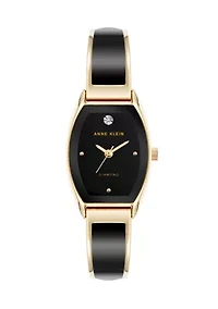 Quartz Cushion Black Enamel with Gold-Tone Metal Alloy Bangle Watch