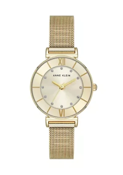 Quartz Premium Round Gold-Tone Stainless Steel Mesh Watch
