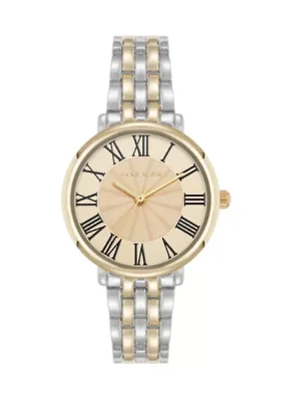 Quartz Round Roman Numeral Two-Tone Metal Alloy Watch