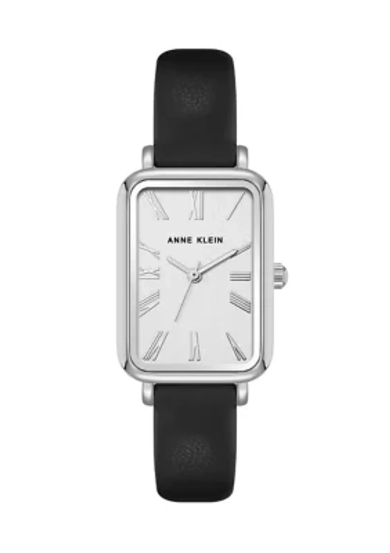 Quartz Rectangular Black Faux Leather and Silver Tone Metal Alloy Watch - 23 Millimeter