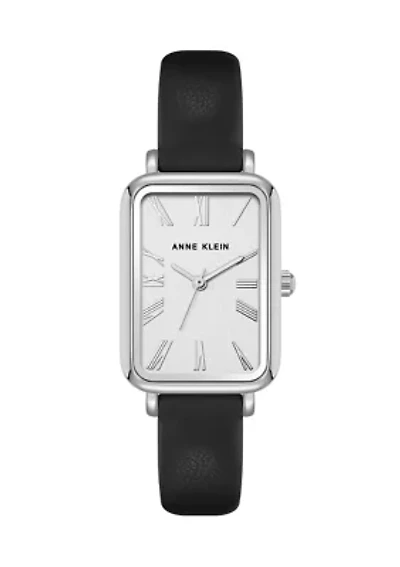 Quartz Rectangular Black Faux Leather and Silver Tone Metal Alloy Watch - 23 Millimeter