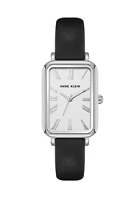 Quartz Rectangular Black Faux Leather and Silver Tone Metal Alloy Watch - 23 Millimeter