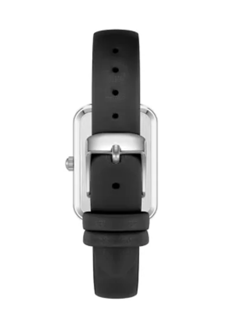 Quartz Rectangular Black Faux Leather and Silver Tone Metal Alloy Watch - 23 Millimeter