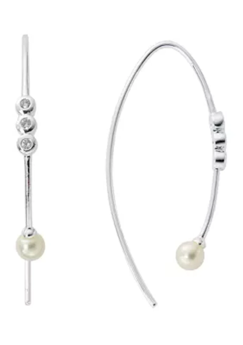 E Coat Sterling Silver Bezel Pearl Threader Earrings 