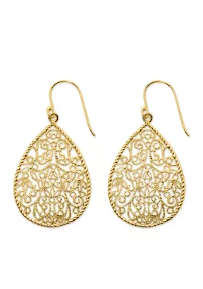 Gold Over Silver Plated Filigree Teardrop Earrings