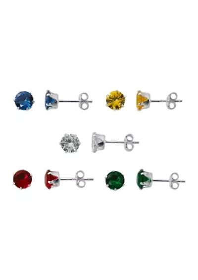 Lab Created Sterling Silver 5 Pair Stud Earrings Set