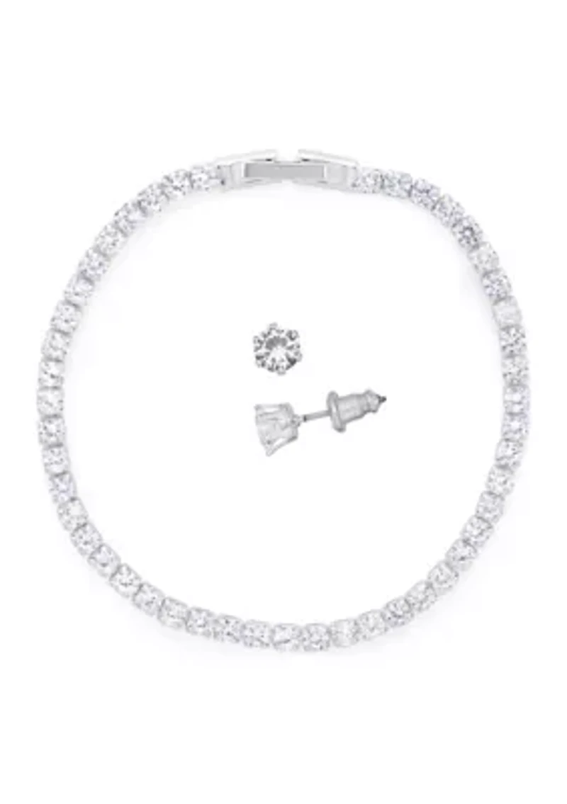 Silver Plate Tennis Bracelet and Earring Set in Light Up Box