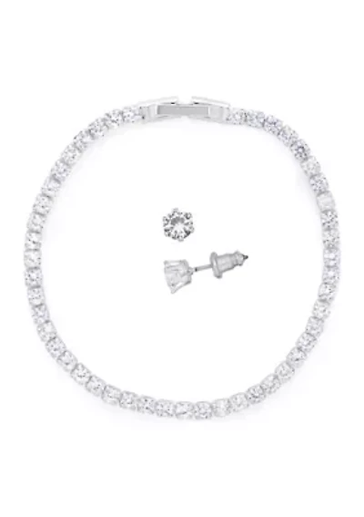 Silver Plate Tennis Bracelet and Earring Set in Light Up Box