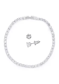 Silver Plate Tennis Bracelet and Earring Set in Light Up Box
